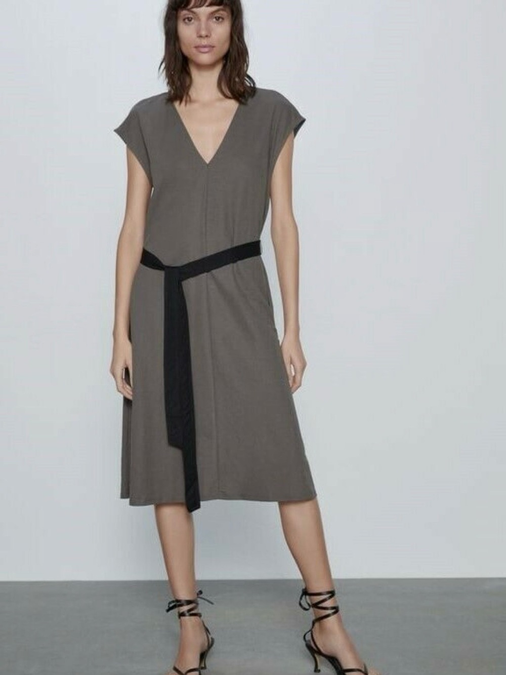 Zara Taupe Midi Minimalist Dress with Black Waist Tie Size M
